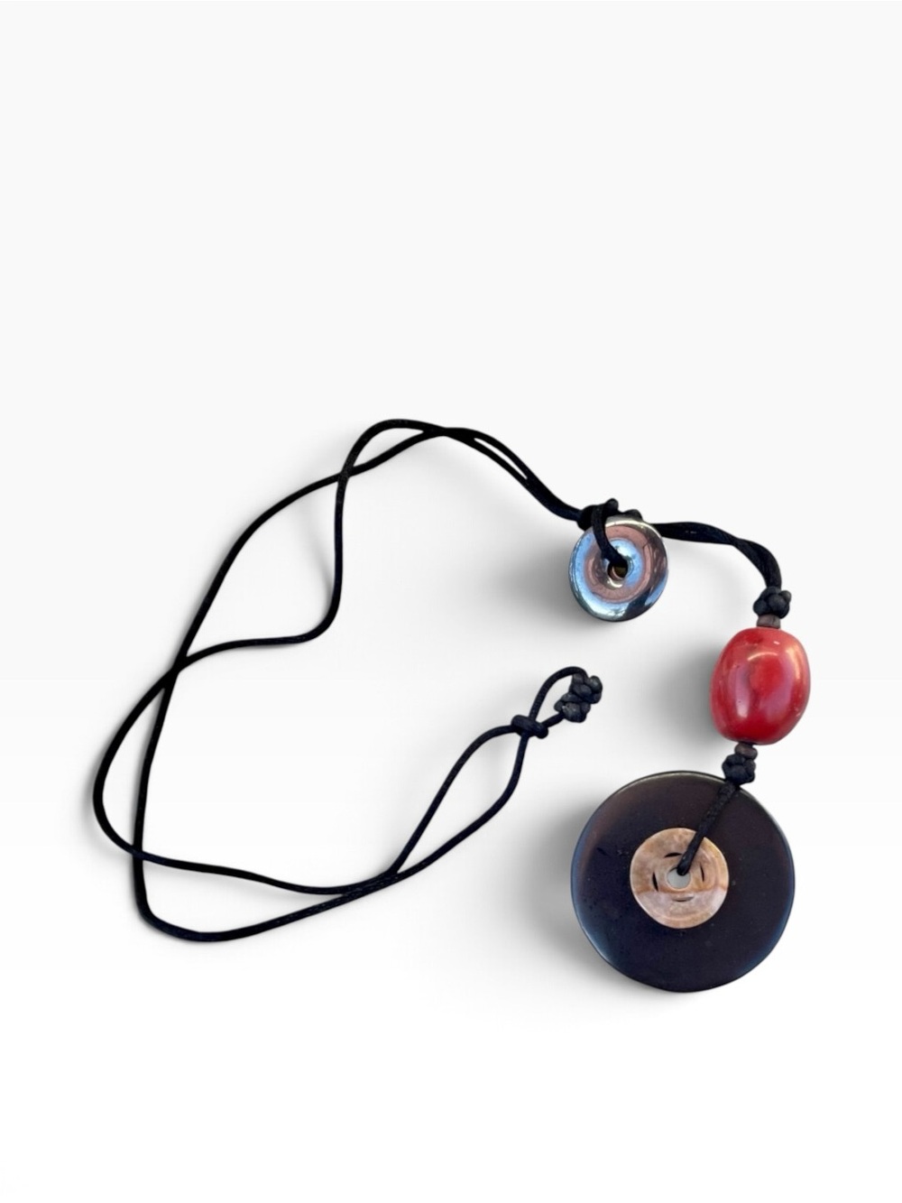 Vintage Asian Statement Coin Cord Necklace Boho Red Barrel Bead Donut Pendant